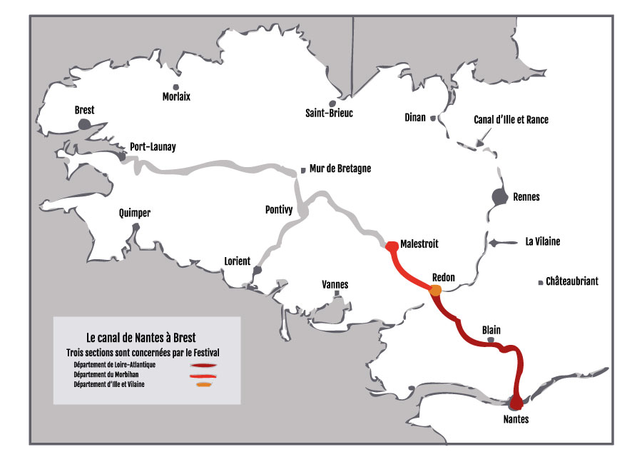 Plan du canal de Nantes à Brest et de la section concernée par le festival La Rive aux Barges